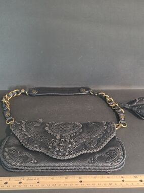 Black Embossed Leather Wristlet Clutch with Chain Strap